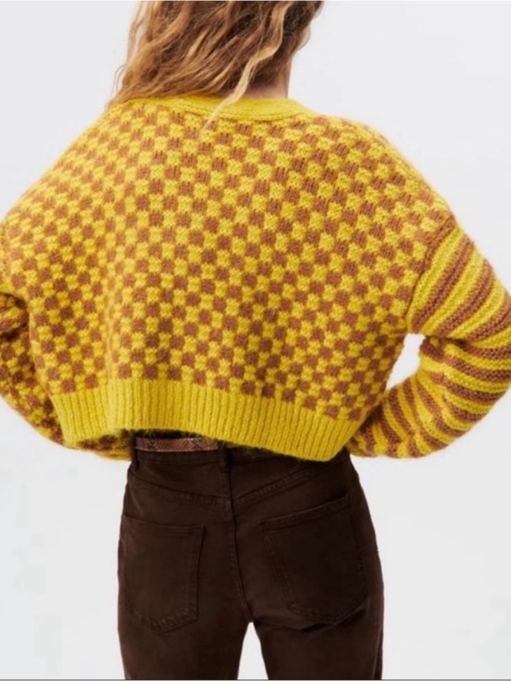Zara Yellow and Brown Cropped V-Neck Button Cardigan Sweater Size S - Picture 2 of 6